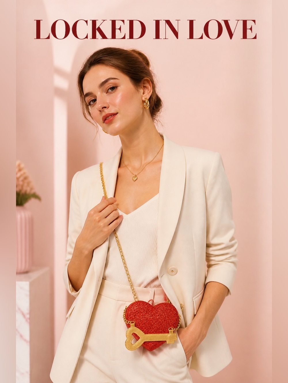 Heart Lock Crossbody Bag with Key Accent - Red
